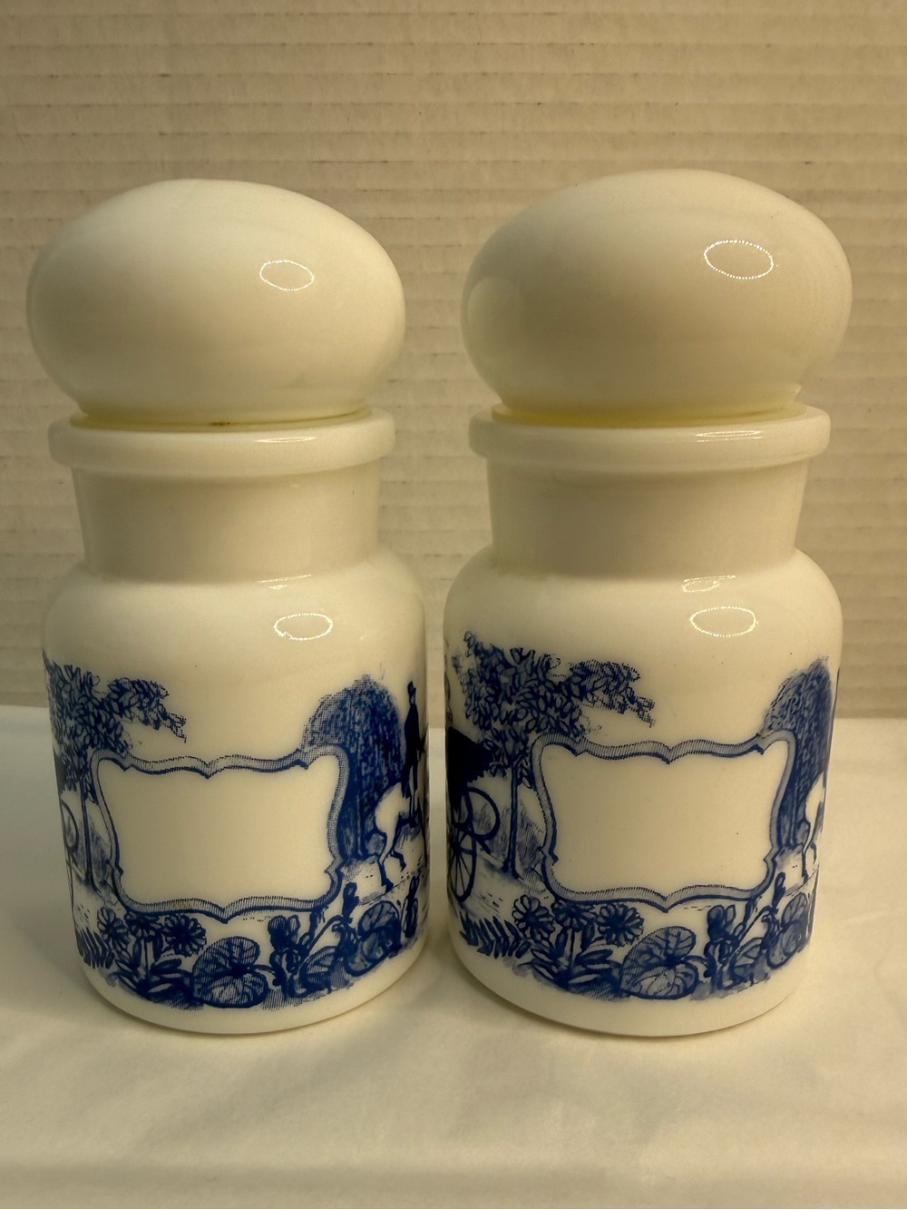Vintage Pair of Belgian Milk Glass Apothecary Jars w/Blue Transferware Designs
